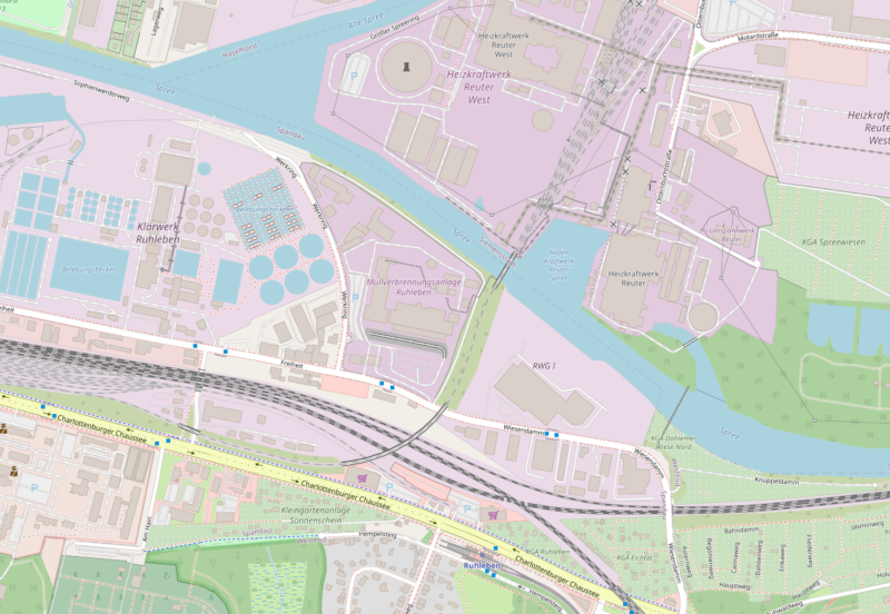 Ein Ausschnitt einer OpenStreetmap Karte, die die Müllverbrennung Ruhleben in Berlin zeigt
